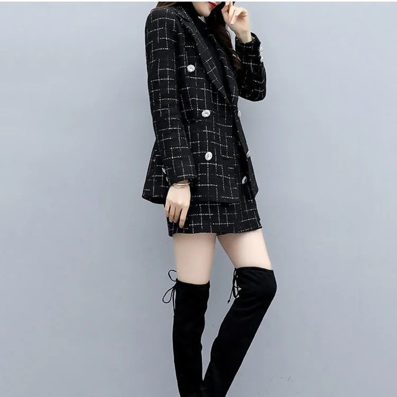 Dámsky set kabáta a šortiek s kockovaným vzorom, vlnené sako, voľná bunda, vintage oblek, jeseň, zima, nové, 2-dielna súprava, 2023