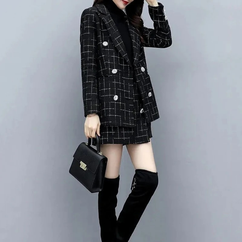 Dámsky set kabáta a šortiek s kockovaným vzorom, vlnené sako, voľná bunda, vintage oblek, jeseň, zima, nové, 2-dielna súprava, 2023