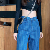 Ležérne džínsové nohavice s bočným rozparkom, pruhované, široké nohavice, vintage modré, voľné rovné džínsy, dámske trendy vrecovité nohavice s vysokým pásom, joggers