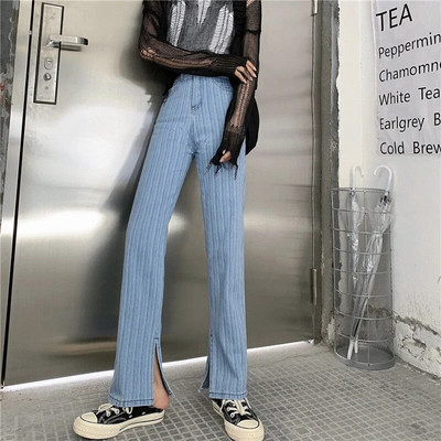Ležérne džínsové nohavice s bočným rozparkom, pruhované, široké nohavice, vintage modré, voľné rovné džínsy, dámske trendy vrecovité nohavice s vysokým pásom, joggers