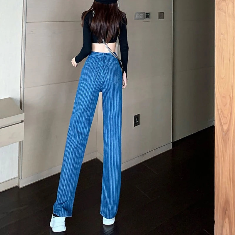 Ležérne džínsové nohavice s bočným rozparkom, pruhované, široké nohavice, vintage modré, voľné rovné džínsy, dámske trendy vrecovité nohavice s vysokým pásom, joggers