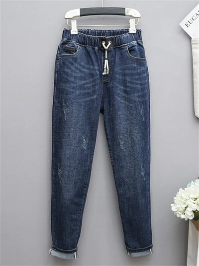 3323 Jarné letné nové módne dámske veľké 100 kg ležérne voľné dámske elastické pásové nadrozmerné džínsové nohavice