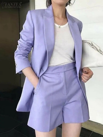 ZANZEA Seturi scurte de toamnă din bumbac pur, blazer cu mânecă lungă și pantaloni scurti, pentru femei, de lucru solid, OL, trening, costum elegant la modă 2023