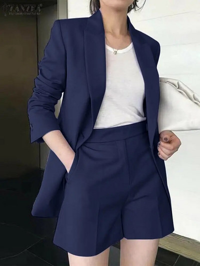 ZANZEA Seturi scurte de toamnă din bumbac pur, blazer cu mânecă lungă și pantaloni scurti, pentru femei, de lucru solid, OL, trening, costum elegant la modă 2023