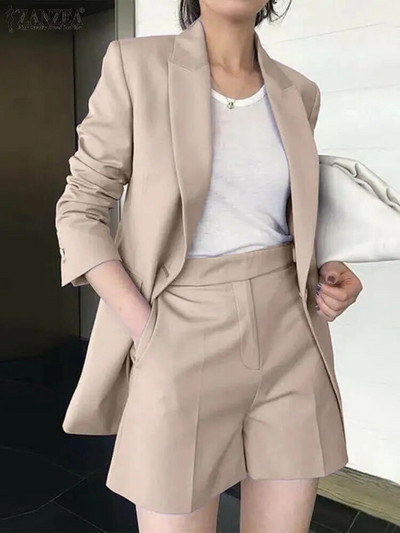 ZANZEA Seturi scurte de toamnă din bumbac pur, blazer cu mânecă lungă și pantaloni scurti, pentru femei, de lucru solid, OL, trening, costum elegant la modă 2023