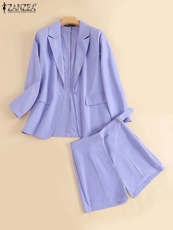 ZANZEA Jesenné čistej bavlnené krátke súpravy s dlhým rukávom, sako a krátke nohavice, dámske pevné pracovné tepláky OL, módny elegantný oblek 2023