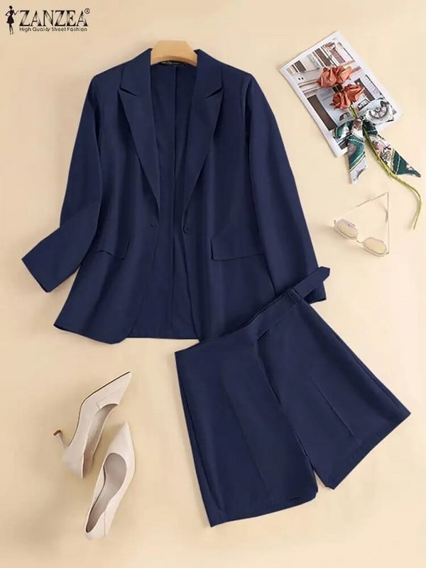 ZANZEA Jesenné čistej bavlnené krátke súpravy s dlhým rukávom, sako a krátke nohavice, dámske pevné pracovné tepláky OL, módny elegantný oblek 2023