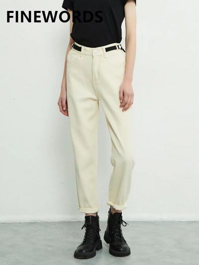 FINEWORDS Streetwear blugi harem bej femei ajustați talia vintage casual blugi prietenos cu manșetă talie înaltă blugi coreeni largi