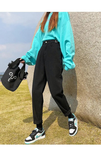 FINEWORDS Streetwear blugi harem bej femei ajustați talia vintage casual blugi prietenos cu manșetă talie înaltă blugi coreeni largi