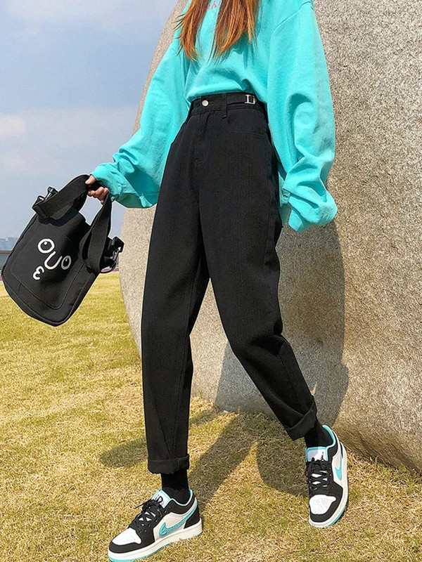 FINEWORDS Streetwear blugi harem bej femei ajustați talia vintage casual blugi prietenos cu manșetă talie înaltă blugi coreeni largi