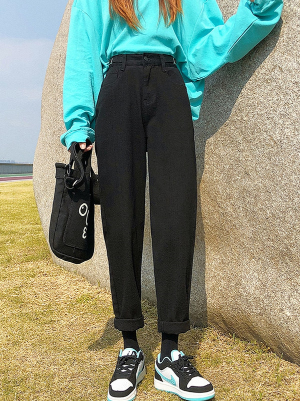 FINEWORDS Streetwear blugi harem bej femei ajustați talia vintage casual blugi prietenos cu manșetă talie înaltă blugi coreeni largi