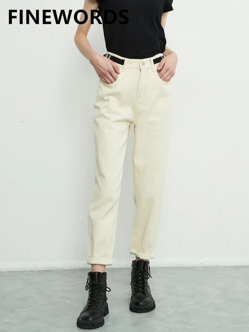 FINEWORDS Streetwear blugi harem bej femei ajustați talia vintage casual blugi prietenos cu manșetă talie înaltă blugi coreeni largi