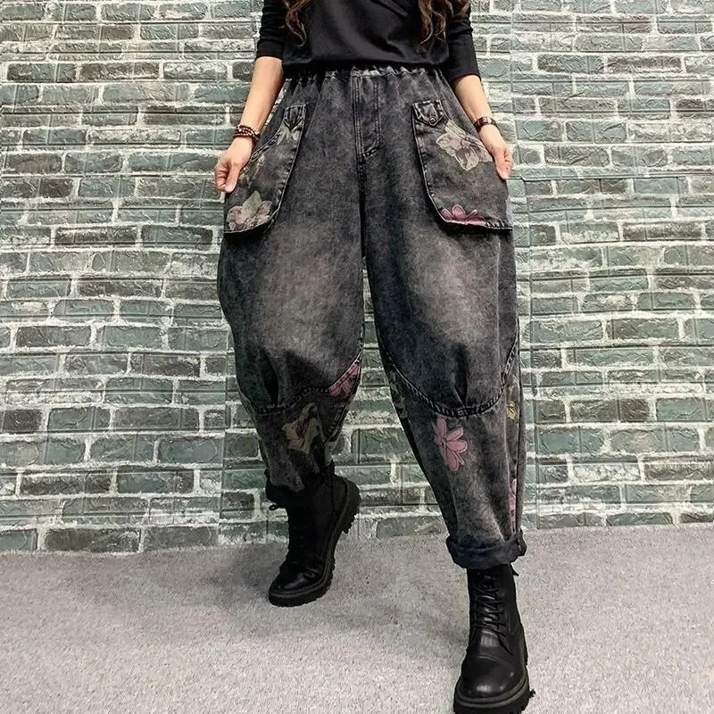 Pantaloni elastici cu talie înaltă pentru femei, primăvară 2024, la modă nouă, cu buzunare imprimate, blugi retro, învechiți, Harlan, pantaloni casual largi, mărimi mari