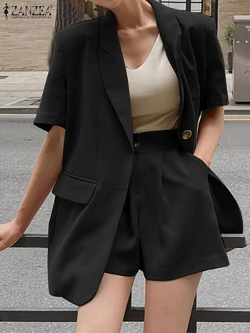 ZANZEA Лятна мода Streetwear Блейзър Костюм Ежедневни подходящи комплекти 2PCS Риза с деколте с ревер Панталони Шорти Елегантни плътни анцузи