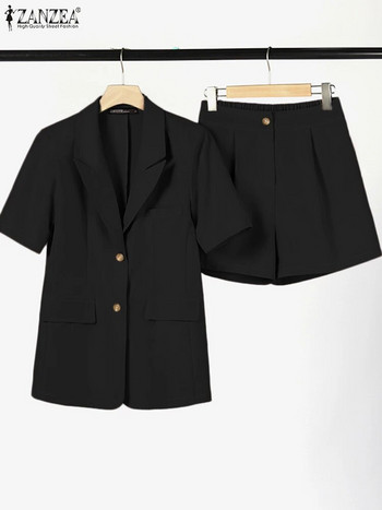 ZANZEA Καλοκαιρινή Μόδα Streetwear Blazer Suit Casual ασορτί Σετ 2 ΤΕΜ Πουκάμισο με λαιμόκοψη Παντελόνι Σορτς Κομψές μασίφ αθλητικές φόρμες