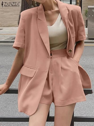 ZANZEA Fashion Summer Streetwear Costum blazer Seturi casual asortate 2BUC Cămașă cu rever, Pantaloni, Pantaloni scurți Treninguri elegante, solide