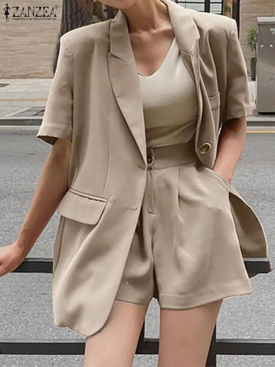 ZANZEA Fashion Summer Streetwear Costum blazer Seturi casual asortate 2BUC Cămașă cu rever, Pantaloni, Pantaloni scurți Treninguri elegante, solide