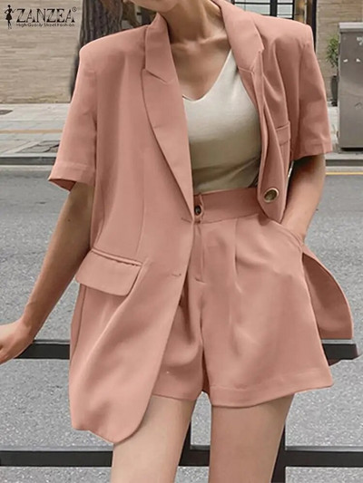 ZANZEA Fashion Summer Streetwear Costum blazer Seturi casual asortate 2BUC Cămașă cu rever, Pantaloni, Pantaloni scurți Treninguri elegante, solide