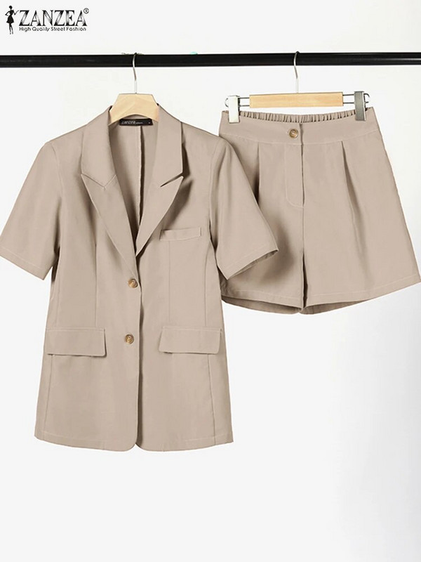 ZANZEA Letná móda Streetwear Blazer Suit Casual Matching Sets 2PCS Lace-up Loop Ground Shirt Nohavice Kraťasy Elegantné pevné tepláky