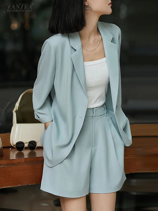 ZANZEA Femei 3/4 mâneci Blazer Costume Moda Solid OL Pantaloni de lucru Seturi Casual Urban Trening 2023 Primăvară Elegante Seturi scurte 2BUC