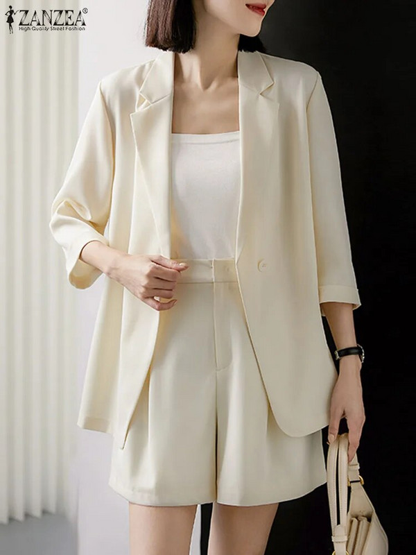 ZANZEA Femei 3/4 mâneci Blazer Costume Moda Solid OL Pantaloni de lucru Seturi Casual Urban Trening 2023 Primăvară Elegante Seturi scurte 2BUC