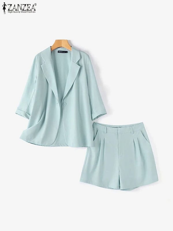 ZANZEA Femei 3/4 mâneci Blazer Costume Moda Solid OL Pantaloni de lucru Seturi Casual Urban Trening 2023 Primăvară Elegante Seturi scurte 2BUC