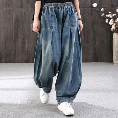 Blugi oversize din denim largi, femei, buzunare vintage cu nasturi, pantaloni încrucișați, îmbrăcăminte de stradă, cu talie elastică, pantaloni lați.