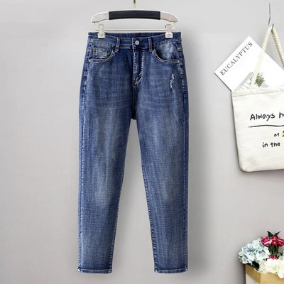 Jarné elastické rifle veľkej veľkosti, dámske elastické nohavice v páse, tenké, široké, so stehnami a hrubými nohavicami, veľkosť 5XL/6XL