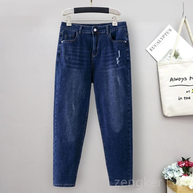 Jarné elastické rifle veľkej veľkosti, dámske elastické nohavice v páse, tenké, široké, so stehnami a hrubými nohavicami, veľkosť 5XL/6XL