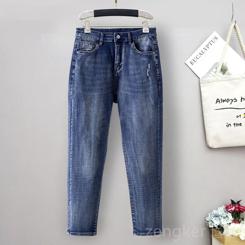 Jarné elastické rifle veľkej veľkosti, dámske elastické nohavice v páse, tenké, široké, so stehnami a hrubými nohavicami, veľkosť 5XL/6XL