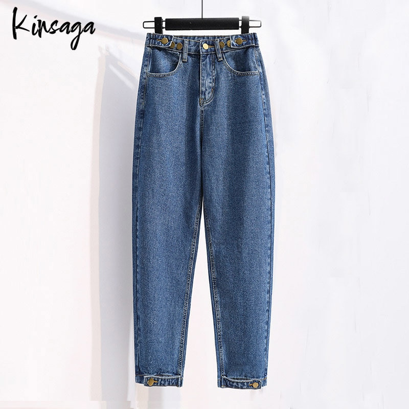 Blugi harem albaștri cu talie reglabilă Mom Capris Femei 5xl Harajuku Pantaloni largi până la gleznă Pantaloni vintage cu nap perfecti