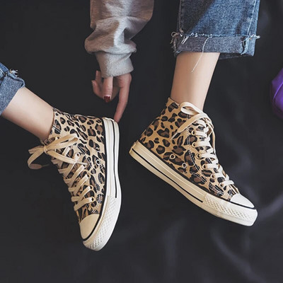 Jarná jeseň Móda Dámske Leopard Plátenné Topánky High Top Šnurovacie Ležérne Tenisky Študentky Telocvičňa Chôdza Jogging Streetwear
