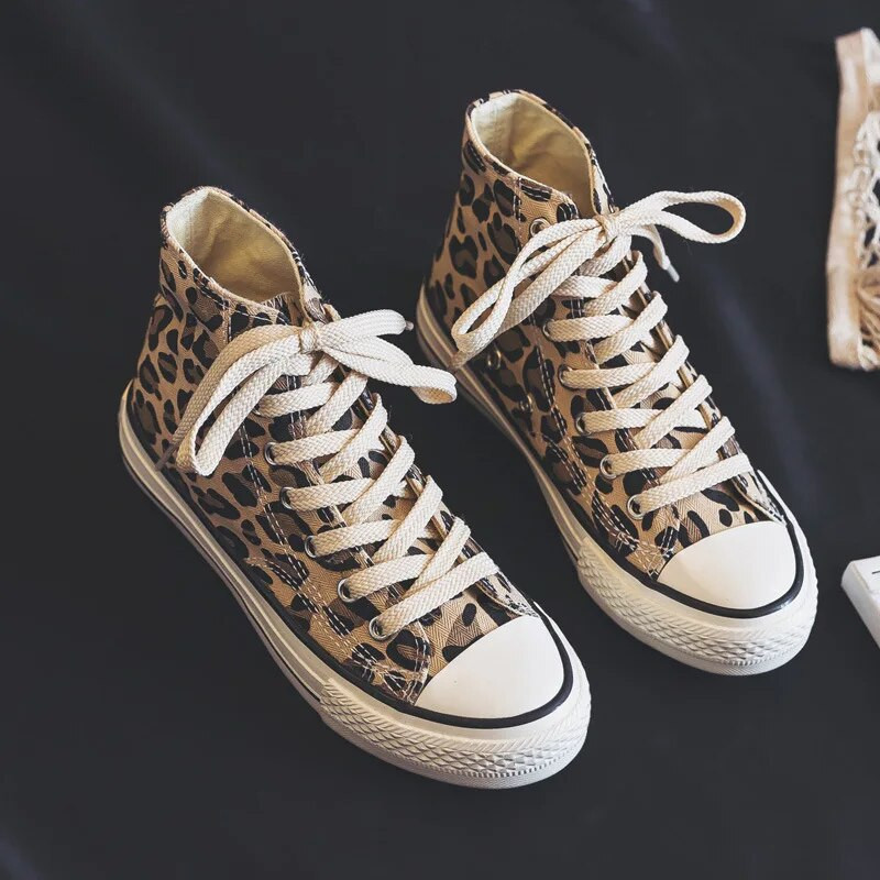 Jarná jeseň Móda Dámske Leopard Plátenné Topánky High Top Šnurovacie Ležérne Tenisky Študentky Telocvičňa Chôdza Jogging Streetwear