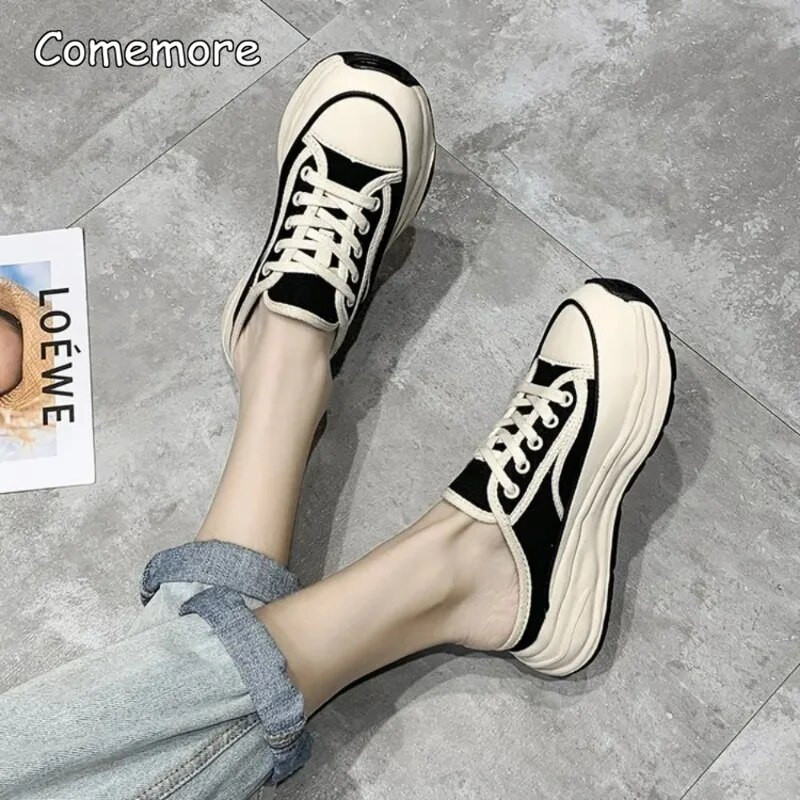 Comemore 2023 m. pavasaris ruduo Nauja platforma Batai Mada Laisvalaikis Sportas Pusiau šlepetės Moteriška avalynė Apvalūs Korėjos moterų sportbačiai