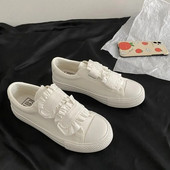 Dámske topánky Jednoduché módne ležérne japonské biele topánky Dámske univerzálne roztomilé hubové čipkované plátenné topánky Mäkké ploché topánky