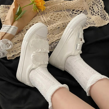 Дамски обувки Прости модни ежедневни японски бели обувки Дамски универсални сладки дантелени платнени обувки с гъбички Меки плоски обувки
