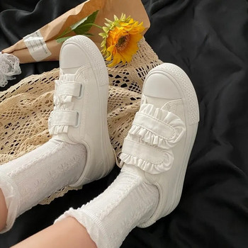 Дамски обувки Прости модни ежедневни японски бели обувки Дамски универсални сладки дантелени платнени обувки с гъбички Меки плоски обувки