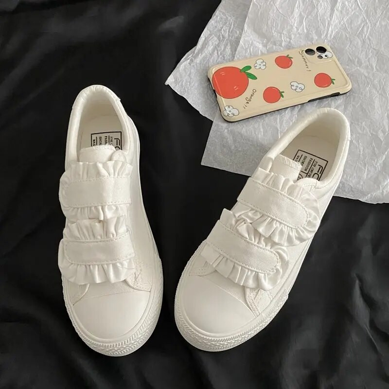 Dámske topánky Jednoduché módne ležérne japonské biele topánky Dámske univerzálne roztomilé hubové čipkované plátenné topánky Mäkké ploché topánky