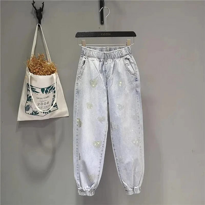 Vintage džínsy pre študentov, módna značka, svetlomodré kamienkové voľné nohavice, plus veľkosť 4XL 5XL, dámske štýlové streetwear džínsy