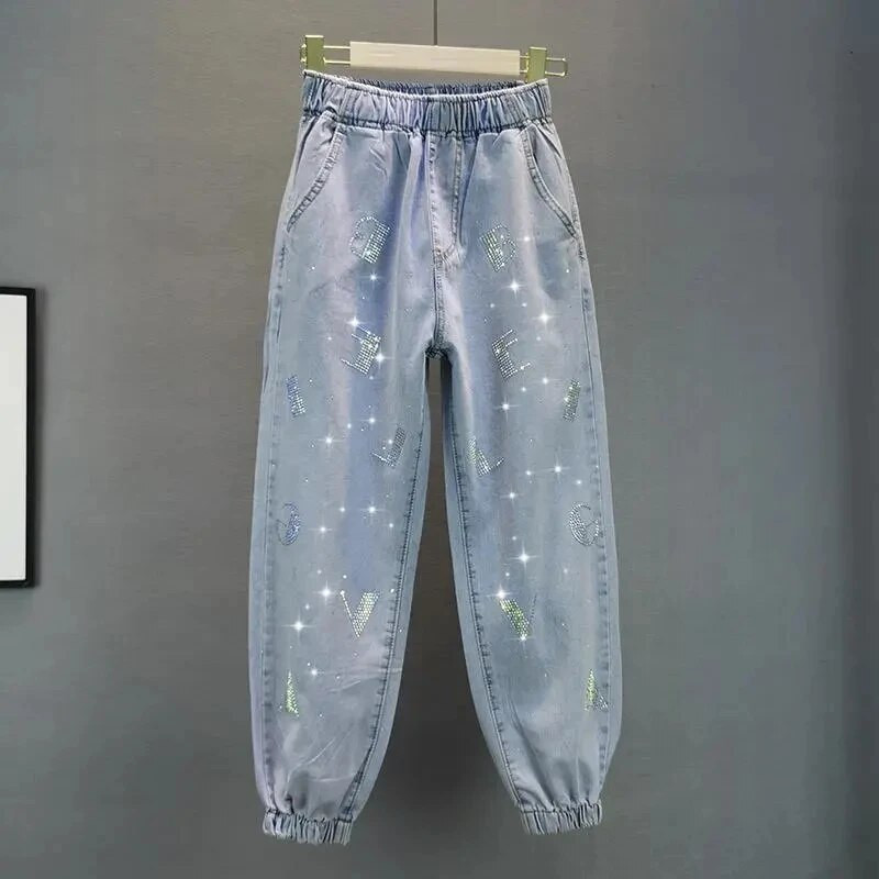 Vintage džínsy pre študentov, módna značka, svetlomodré kamienkové voľné nohavice, plus veľkosť 4XL 5XL, dámske štýlové streetwear džínsy