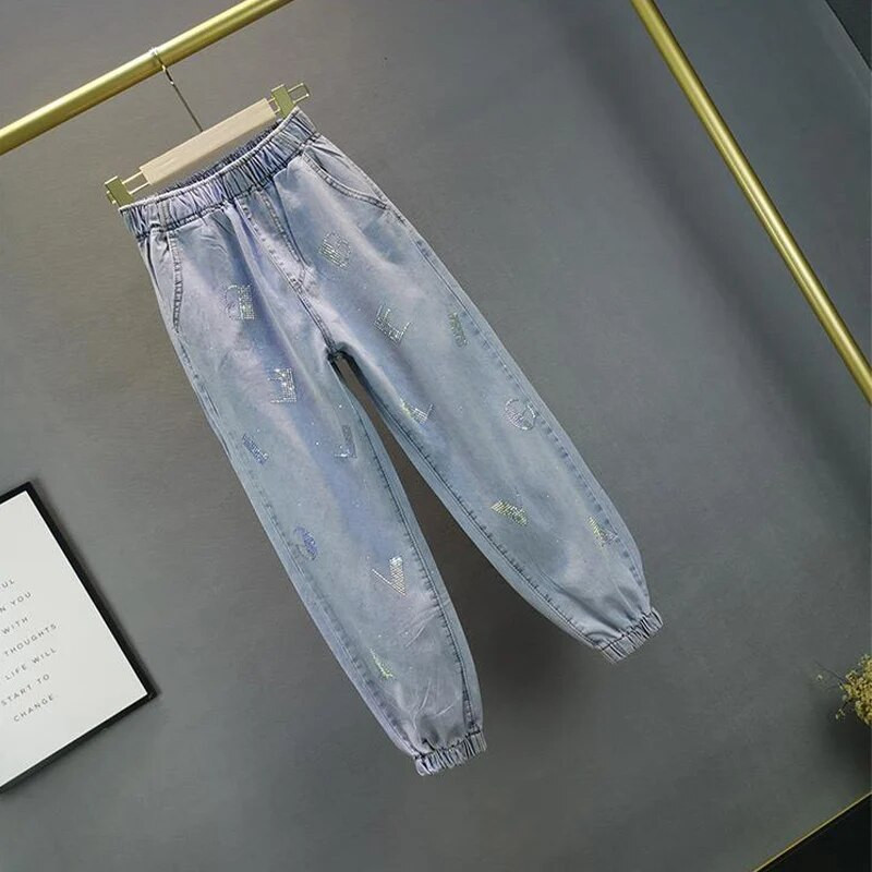 Vintage džínsy pre študentov, módna značka, svetlomodré kamienkové voľné nohavice, plus veľkosť 4XL 5XL, dámske štýlové streetwear džínsy