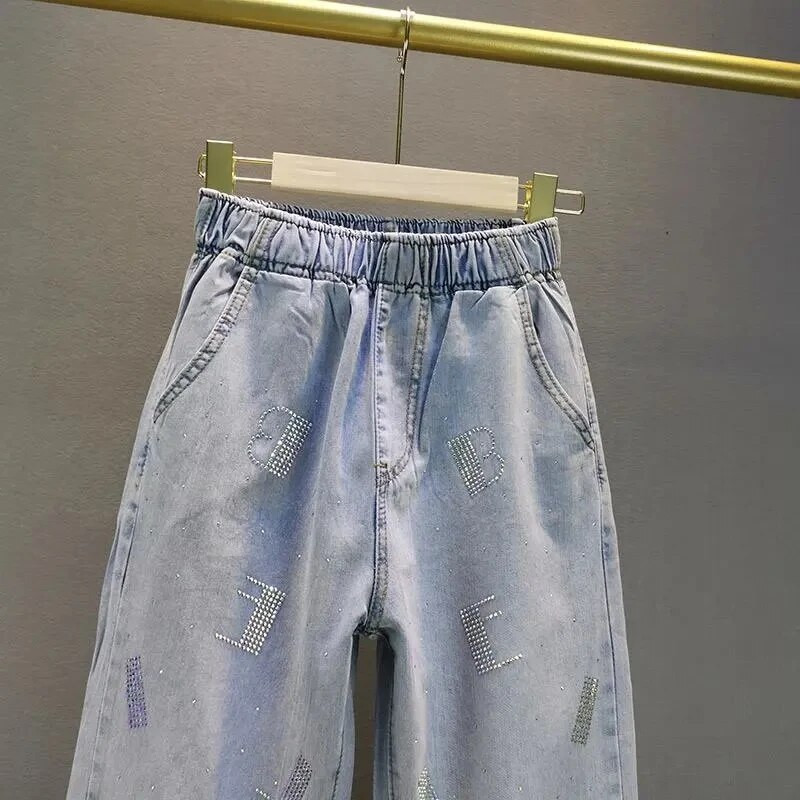 Vintage džínsy pre študentov, módna značka, svetlomodré kamienkové voľné nohavice, plus veľkosť 4XL 5XL, dámske štýlové streetwear džínsy