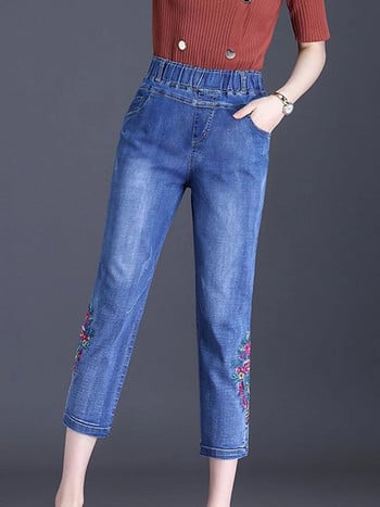 Ежедневни дънки с капри с висока талия и бродерия Голям размер 6xl Strecth Skinny Pencil Denim Pants Vintage New Woman Summer Vaqueros