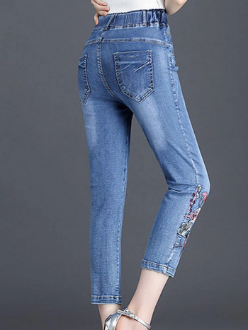 Ежедневни дънки с капри с висока талия и бродерия Голям размер 6xl Strecth Skinny Pencil Denim Pants Vintage New Woman Summer Vaqueros