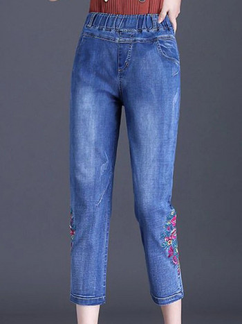 Ежедневни дънки с капри с висока талия и бродерия Голям размер 6xl Strecth Skinny Pencil Denim Pants Vintage New Woman Summer Vaqueros