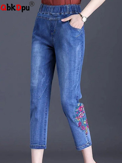 Ежедневни дънки с капри с висока талия и бродерия Голям размер 6xl Strecth Skinny Pencil Denim Pants Vintage New Woman Summer Vaqueros