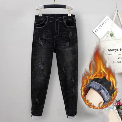 2901 Moda în patru sezoane Harem Blugi de damă cu găuri clasice elastice cu talie înaltă Mom Denim Pantaloni Plus catifea Pantaloni caldi Haine