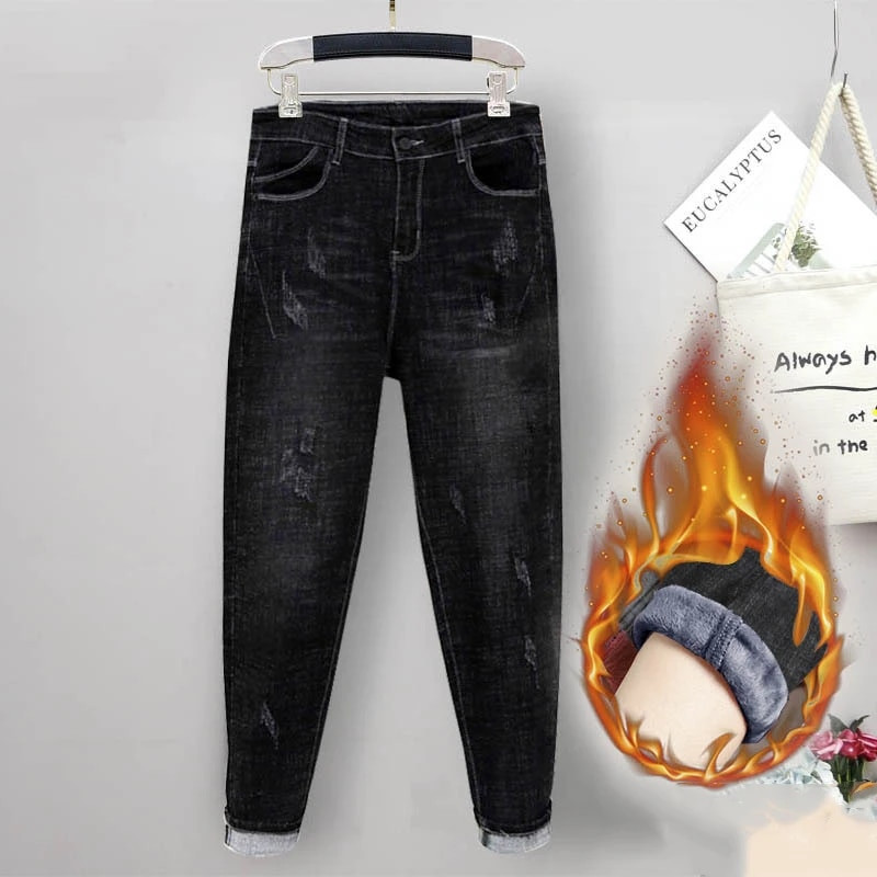 2901 Moda în patru sezoane Harem Blugi de damă cu găuri clasice elastice cu talie înaltă Mom Denim Pantaloni Plus catifea Pantaloni caldi Haine