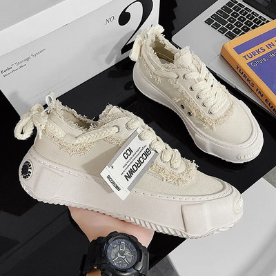 Pantofi sport de pânză pentru bărbați cu platformă în stil Hong Kong, alb, designer de modă, pantofi pentru cerșetori, ocazional, confortabil