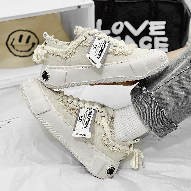 Pantofi sport de pânză pentru bărbați cu platformă în stil Hong Kong, alb, designer de modă, pantofi pentru cerșetori, ocazional, confortabil